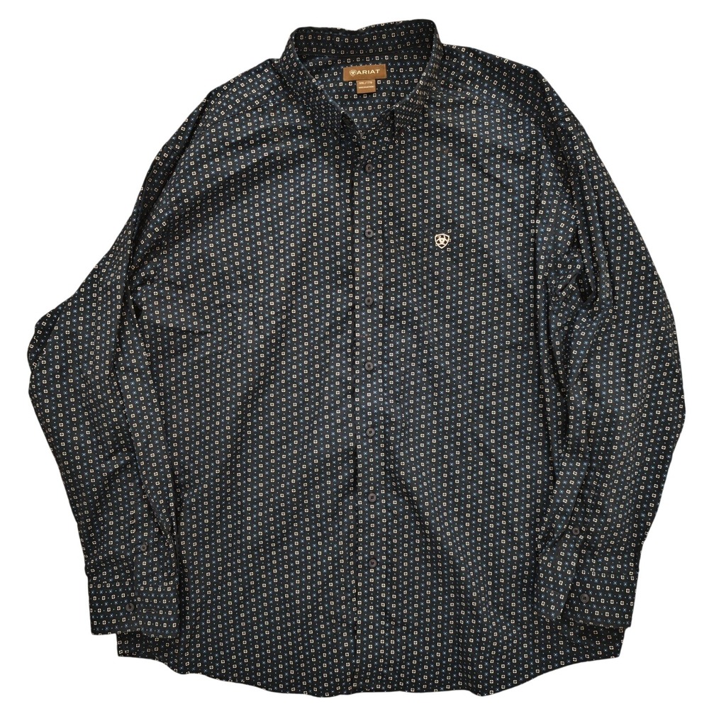 Ariat Mens XXL Long Sleeve Button Down Shirt Navy Blue Geometric Floral Print